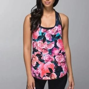 Lululemon Coastal Tank Top Black Size 8 Secret Garden Pink Rose Floral